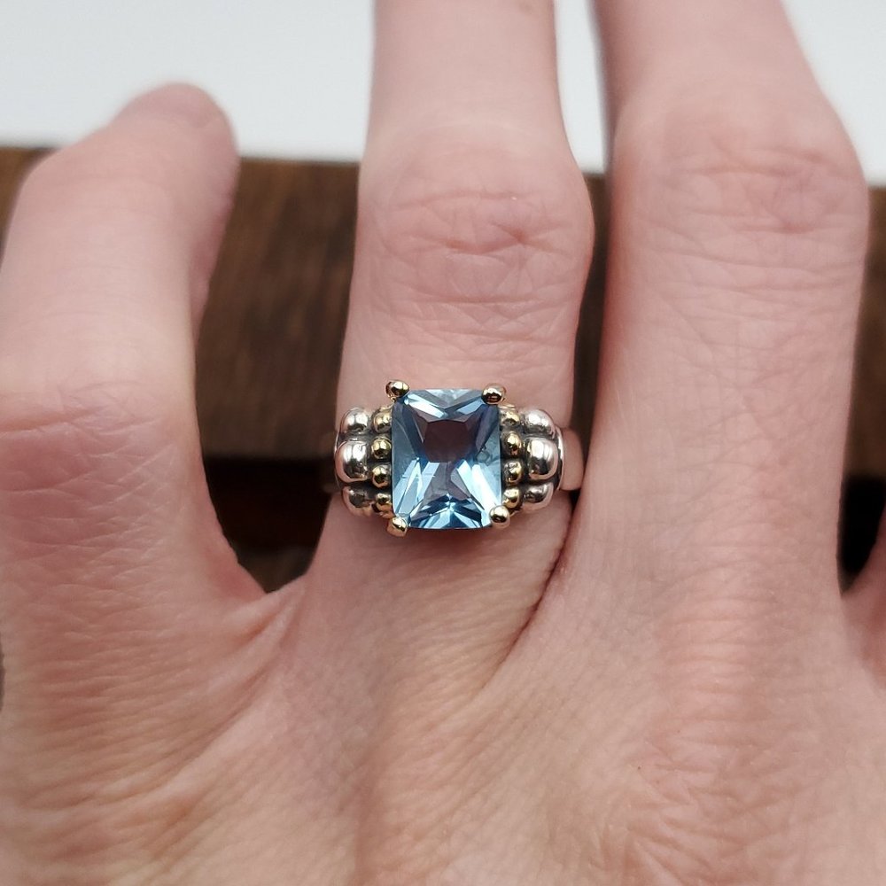 Size 6.5 Silver Tone Stunning Rectangle Blue Glass Gem Ring